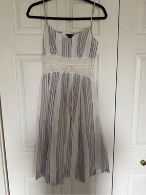 Theory White and Gray Striped Midi Spaghetti Strap Dress